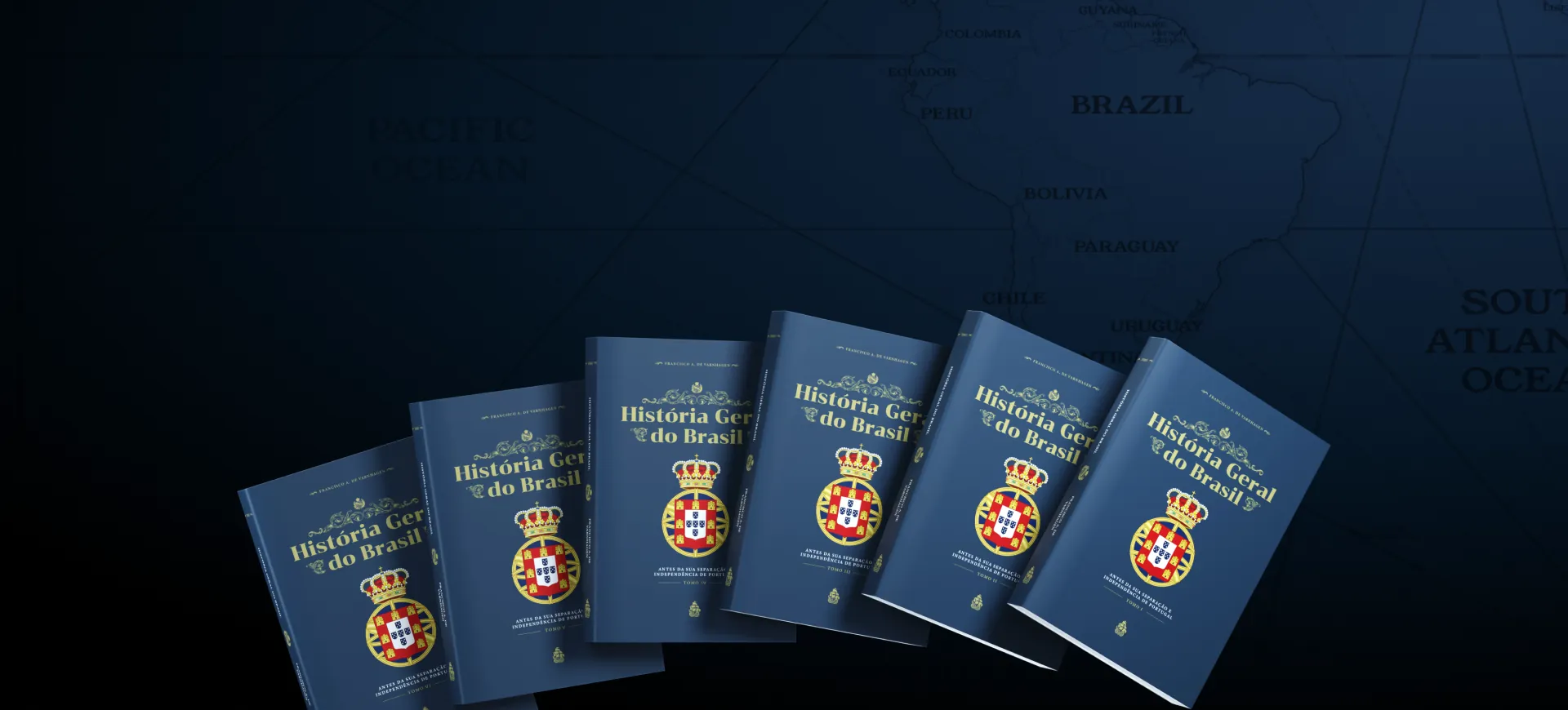 Os seis tomos da História Geral do Brasil, de Varnhagen, sobre um mapa antigo da América do Sul